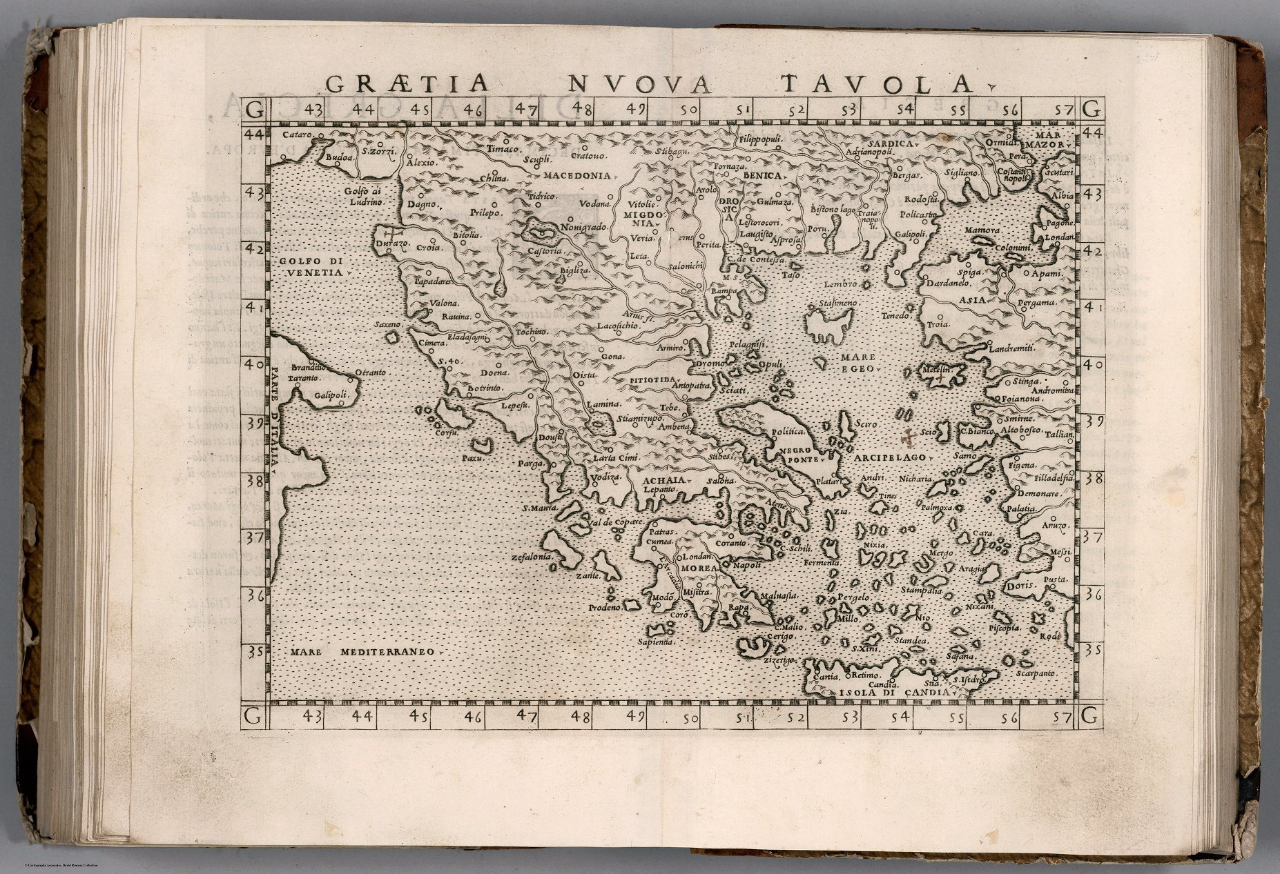 Mapa de Grecia con las posesiones venecianas (Candia) — Giacomo Gastaldi · impr. Girolamo Ruscelli