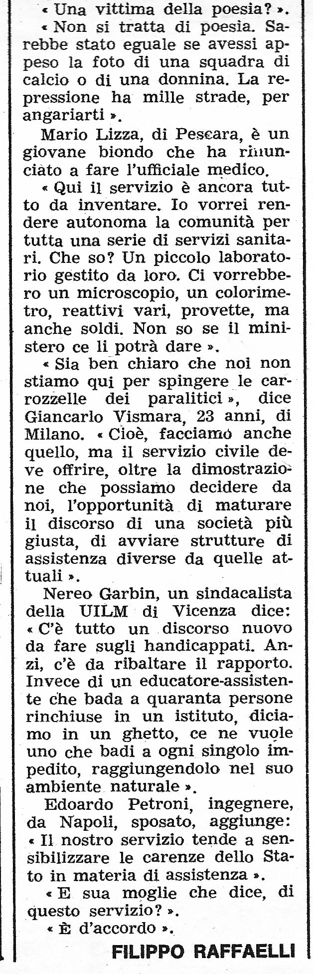 «Nereo Garbin, sindacalista della UILM di Vicenza…» — recorte de prensa citando su intervención sobre servicio civil y personas con discapacidad